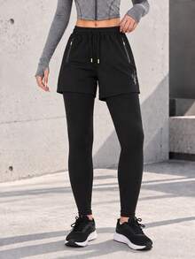 Women's Black 2-In-1 Running Shorts With Long Leggings, Drawstring Elastic Waist And Zippered Pocket For Training - Black - View 2