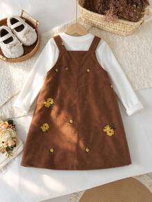 2pcs Girls Toddler Pastoral Mori Style Solid Color Round Neck Versatile Long Sleeve Top With Floral Embroidered Corduroy Adjustable Overall Dress Set, Spring/Autumn - Brown - View 2