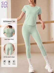 Soyun New Women's Mesh Back Breathable Short Sleeve Yoga Pants Set, Curved Design, Suitable For Outdoor Activities Sports - Mint Green - View 2