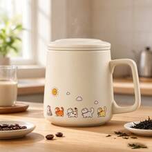 Kawaii Cat Mug With Lid, Cute Cartoon Animal Ceramic Cup For Coffee, Tea, Milk, [Approx. 400ml] Fun Hand-Painted Sun And Cat Design, Ideal Gift For Cat Lovers And Friends - White - View 3