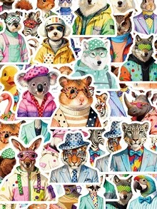 56Pcs PP Animal Stickers, Fashion Cool Animal Style, Including Tiger, Leopard, Zebra, Corgi, HPolka Dot Shirt, Rainbow Outfit Elements, For Journal Collage, Water Bottle, Luggage, Skateboard, Tablet, Notebook, Storage Box, DIY Craft Decor - Multicolor - View 1