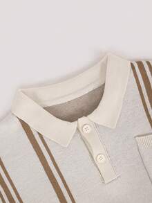 Autumn/Winter Old Money Style Contrast Color Vertical Stripe Knit Polo Shirt, Men's Casual Versatile Long Sleeve Top - Apricot - View 4