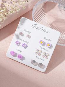 6 Pairs Purple Tone Stud Earrings Set, Bow, Rose, Daisy Mixed Fresh Combination Earrings, Women's Jewelry For Daily Wear, Party, Gathering, Gift - Mauve Purple - View 7