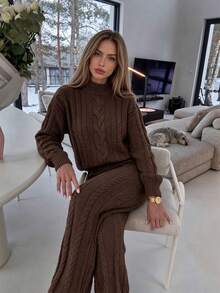 Elva Women's Autumn Lazy Pullover Sweater & Sexy Long Pants 2 Pieces Set, Suitable For Home, Back To School, Commute, Shopping, Holiday - Brown - View 2