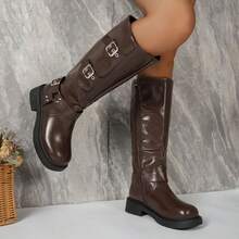 Multi-Buckle Thick Sole High Shaft Knight Boots, Retro Round Toe Side Zipper Height-Increasing Long Boots - Brown - View 2