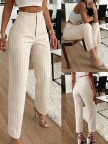 Women's Elegant Commute Pleated Side Pocket Slim Leg Trousers - Apricot - View 3