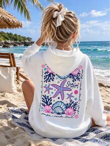 Starfish Shell Coral Print Girls Hooded Sweatshirt, Casual Long Sleeve Pullover Sportswear - White - View 7