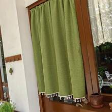 Sage Green Faux Linen Tier Curtain, Rod Pocket Boho Short Window Curtain With White Tassel Fringe, Farmhouse Privacy Cafe Curtain For Kitchen Door Cabinet - A - View 3