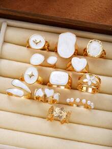 12pcs Fashion Minimalist Elegant Flower & Heart Oil Drop Ring Set For Women, Suitable For Vacation, Date, Party, Ball, Banquet, Holiday, Birthday Gift, Daily Wear - Yellow Gold - View 2