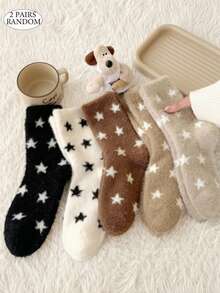 2 Pairs White And Pink Fuzzy Mid-Calf Socks For Women, Heart Pattern Warm Socks, Soft And Comfortable, Random Color - Multicolor - View 12