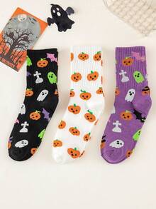 3 Pairs Women's Halloween Themed Socks, Cartoon Ghost Pumpkin Tombstone Mid-Calf Socks, Soft Elastic Socks, Suitable For Autumn Holiday Cosplay Party - Multicolor - View 8
