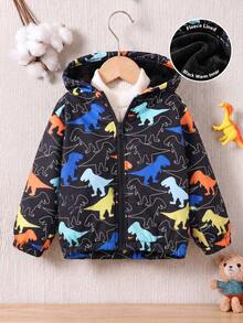 Boys' Cartoon Dinosaur Pattern Long Sleeve Hooded Zip-Up Jacket, Fleece Lined, Autumn/Winter Clothing, Essential Item For Autumn - Black - View 1