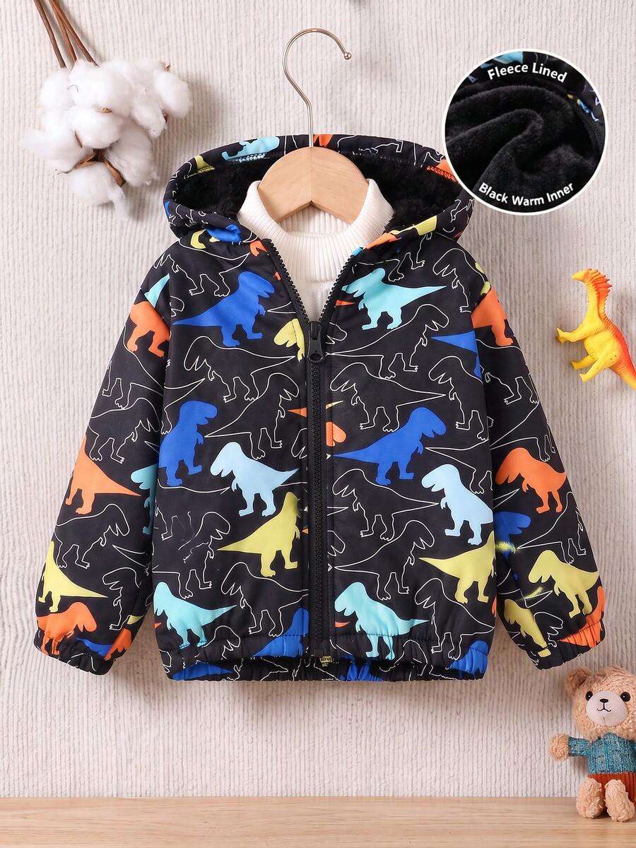 Boys' Cartoon Dinosaur Pattern Long Sleeve Hooded Zip-Up Jacket, Fleece Lined, Autumn/Winter Clothing, Essential Item For Autumn - Black - View 1