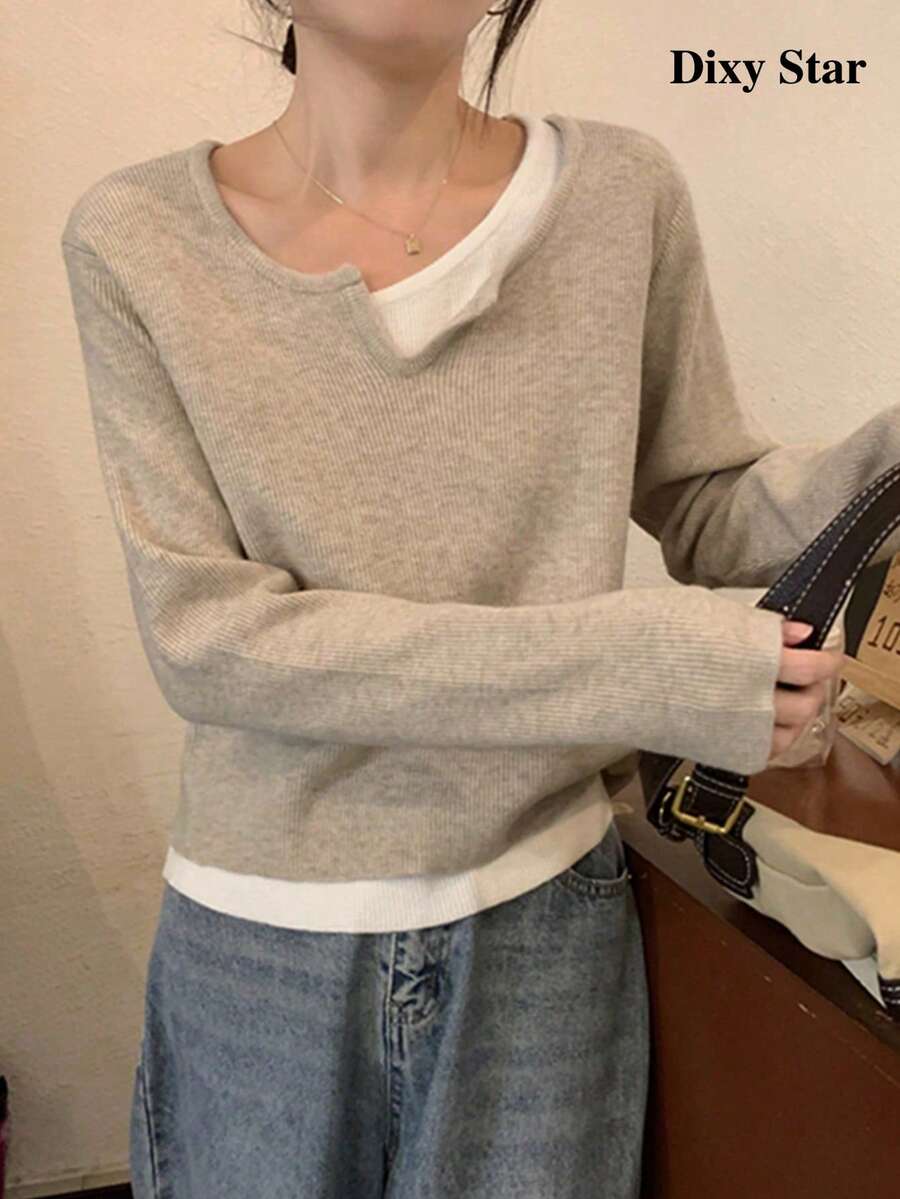 韓式薄款撞色假兩件設計時尚內搭針織毛衣 - 杏色 - 查看 1