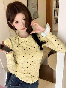Women's Round Neck Long Sleeve T-Shirt, Spring/Autumn New Fashion Polka Dot Pattern Design, Pure Desire Hot Girl Style, Casual Versatile Slim Fit Cropped Top, Suitable For Daily Wear - Yellow - View 1