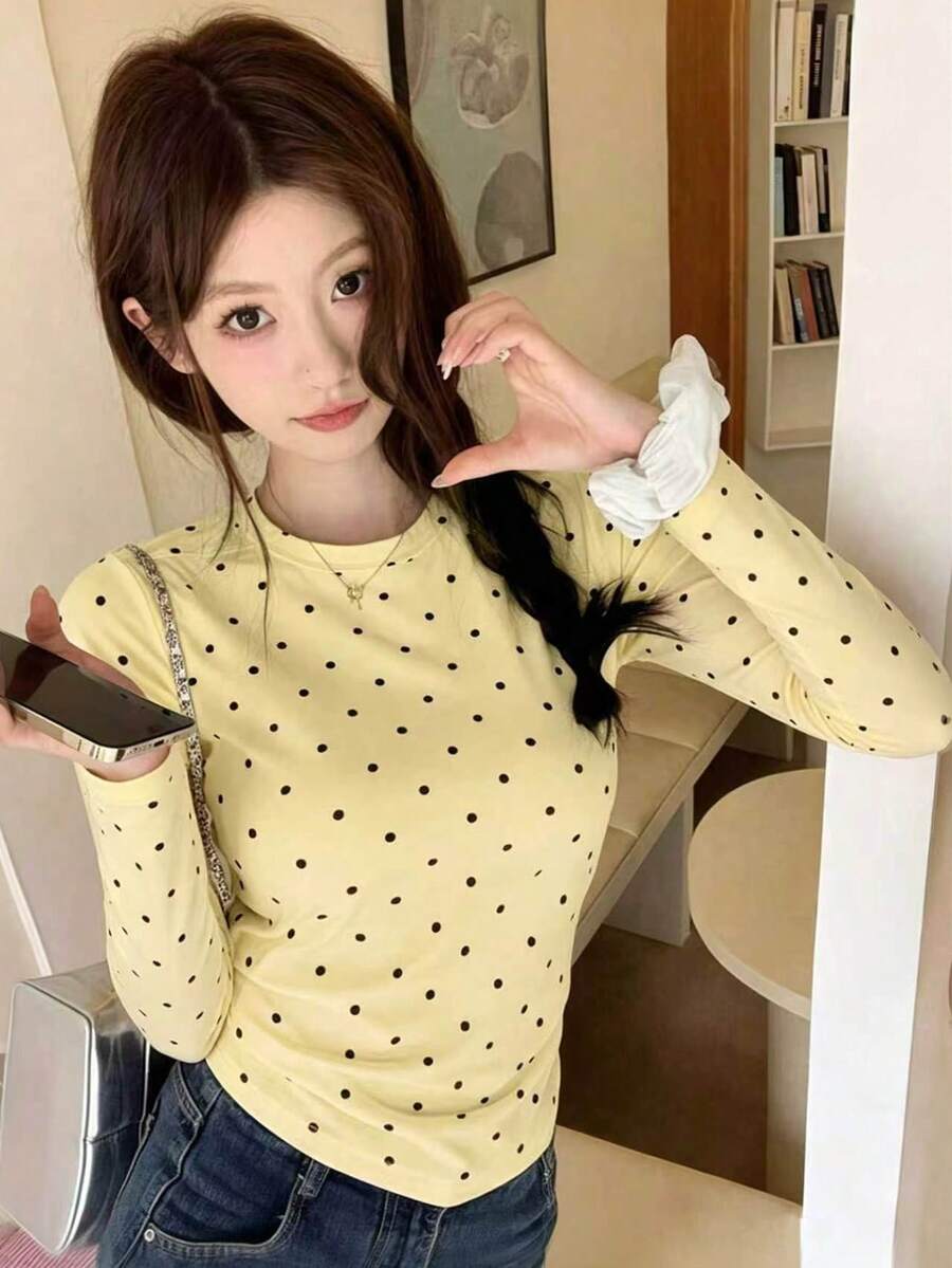 Women's Round Neck Long Sleeve T-Shirt, Spring/Autumn New Fashion Polka Dot Pattern Design, Pure Desire Hot Girl Style, Casual Versatile Slim Fit Cropped Top, Suitable For Daily Wear - Yellow - View 1