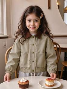 8-12 Years Old Girls Fashionable New Versatile Minimalist Contrast Color Lapel Design Button Front Long Sleeve Short Jacket Casual Top - Apricot - View 1