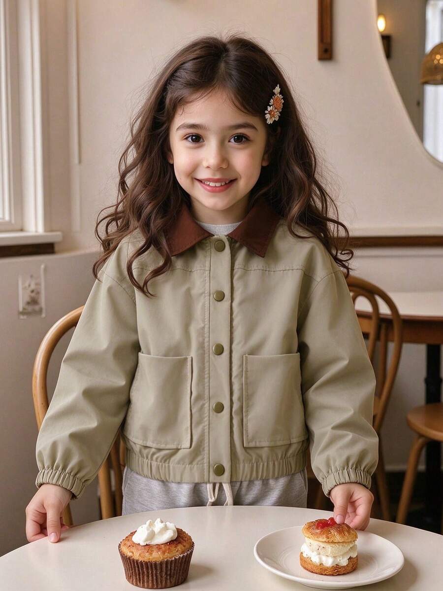 8-12 Years Old Girls Fashionable New Versatile Minimalist Contrast Color Lapel Design Button Front Long Sleeve Short Jacket Casual Top - Apricot - View 1