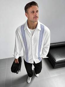 GloMan Old Money Style Men's White Base Blue Symmetrical Geometric Print Button Long Sleeve Shirt, Suitable For Autumn Business, Family Gatherings, Office Commute, Gift For Husband/Father - White - View 1