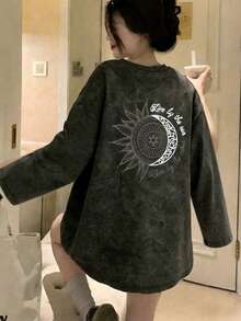 New Autumn/Winter Gen Z Y2K Style Women's Designer Print Round Neck Washed Distressed Long Sleeve T-Shirt Loose Casual Versatile - Black - View 4