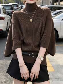 Women's Half-High Neck Batwing Sleeve Knitted Sweater, Loose Waist-Cinching Soft Pullover Top For Autumn/Winter - Black - View 3