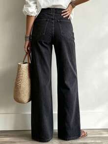 New Fashion Women Loose Fit Elastic Waist Wide Leg Jeans, High Quality Casual Clothing Spring Black Fall - Black - View 3