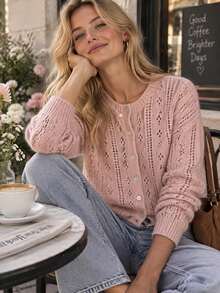 Áo cardigan len dệt jacquard ngắn nữ màu hồng nhạt, cổ tròn, đục lỗ, cài nút đơn, phong cách Pháp thanh lịch nhẹ nhàng, phù hợp mặc trong/ngoài cho mùa xuân/thu, đi hẹn hò, đi làm - Hồng - Xem 1