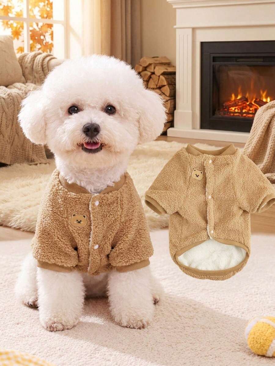 Brown Cute Bear Plush Pet Jacket, Warm For Autumn/Winter, Snap Button Design For Easy On/Off, Suitable For Small To Medium Dogs And Cats, Home Or Outdoor Wear, Pet Autumn/Winter Outfit - Brown - View 1
