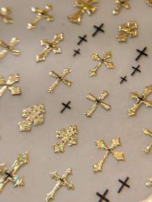 1 Sheet Retro Gothic Cross Nail Stickers, 5D Gold Embossed Holographic Iridescent Self-Adhesive Nail Art Decals, Autumn Winter Nail Decorations - Multicolor - View 2