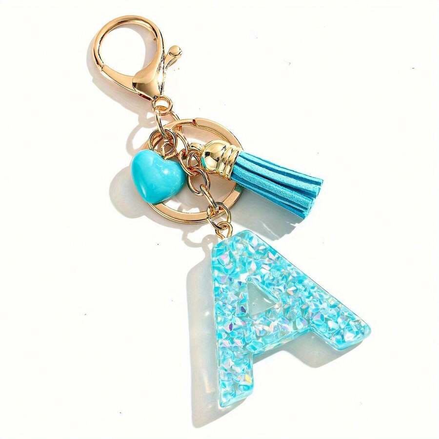 20pcs Random Style Letter Blue Heart Tassel Keychain Cute INS Style Bag Pendant Car Charm Accessory - one-size - View 1