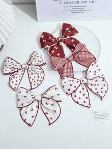 1pc Vintage Burgundy Heart Print Large Bow Hair Clip For Women, Sweet Fabric Alligator Hair Clip For Back Of Head - Multicolor - View 7