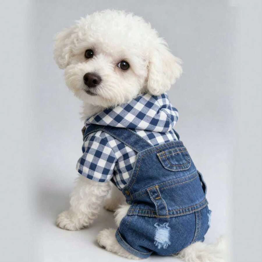 1pc Pet Striped 4-Leg Overall, Denim Effect Jumpsuit Suspender Pants Dog Clothes, Spring/Summer Pet Apparel - Baby Blue - View 1