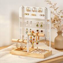 4-In-1 Jewelry Display Stand, White Metal & Natural Wood Earring, Necklace, Ring, Bracelet Storage Rack, Desktop Vanity Jewelry Organizer Box, Home & Shop Dual Use - White - View 3