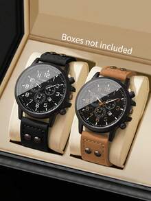 Men's Gift Watch PU Strap Classic Three-Eye Digital Calendar Dial Sports Outdoor Casual Quartz Wristwatch, Boyfriend Gift (2pcs/Set) Watch Box Not Included - Multicolor - View 11