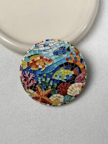 1pc Ocean Landscape Animal Fish Turtle Dolphin Seal Pattern Mosaic Art Style Gold Foil Embossed Ceramic Refrigerator Magnet, Suitable For Home Decor, Refrigerator, Daily Use And Holiday Birthday Gift, Mediterranean Cultural Creative - Round Ocean Landscape Design - View 12