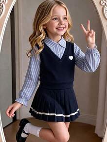 BASUSARRI Academy Style Back To School Season Collared Striped Half-Button Top Pleated Skirt Autumn/Winter Long Sleeve Girls Blouse Set Skirt Set - Blue - View 1