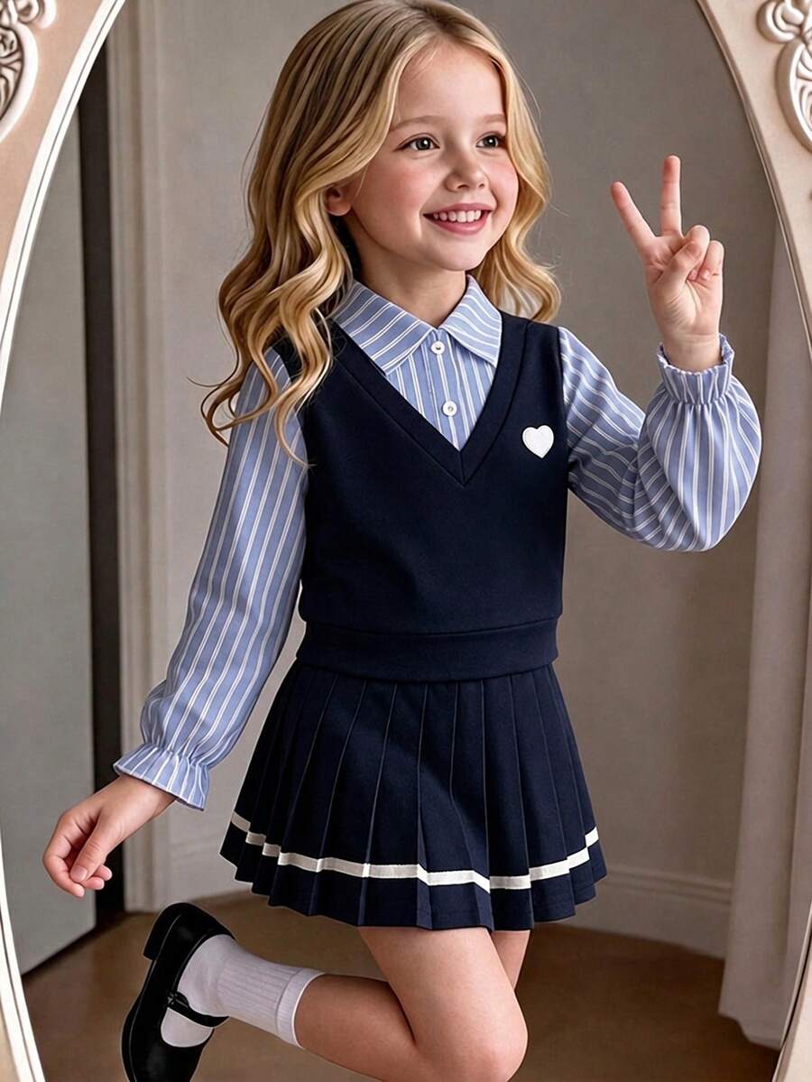 BASUSARRI Academy Style Back To School Season Collared Striped Half-Button Top Pleated Skirt Autumn/Winter Long Sleeve Girls Blouse Set Skirt Set - Blue - View 1
