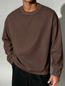 Men's Classic Solid Color Crew Neck Long Sleeve T-Shirt, All Season Wear, Autumn/Winter Wardrobe Essential - Brown - View 2