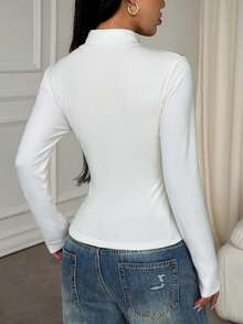 NOIRLYN Fall Winter Women's Basic Solid High Neck Long Sleeve Top Fitted Slim Fit Y2K Layering T‑Shirt Base Layer - White - View 2