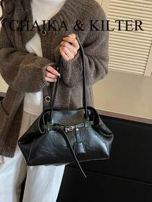 CHAIKA & KILTER 配色大容量手提包，時尚肩帶裝飾單肩包，磁吸開合，適合日常出行、約會、通勤，女款時尚包 - 黑色 - 查看 4