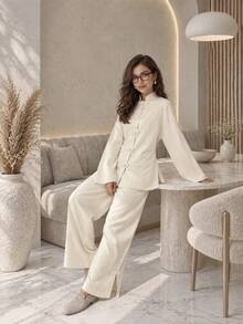 Women Fall Elegant Casual Beige Mandarin Collar Frog Button Long Sleeve Jacket & Pants Two Pieces Set For Daily Going Out Vacation - Apricot - View 4