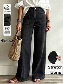 New Fashion Women Loose Fit Elastic Waist Wide Leg Jeans, High Quality Casual Clothing Spring Black Fall - Black - View 1