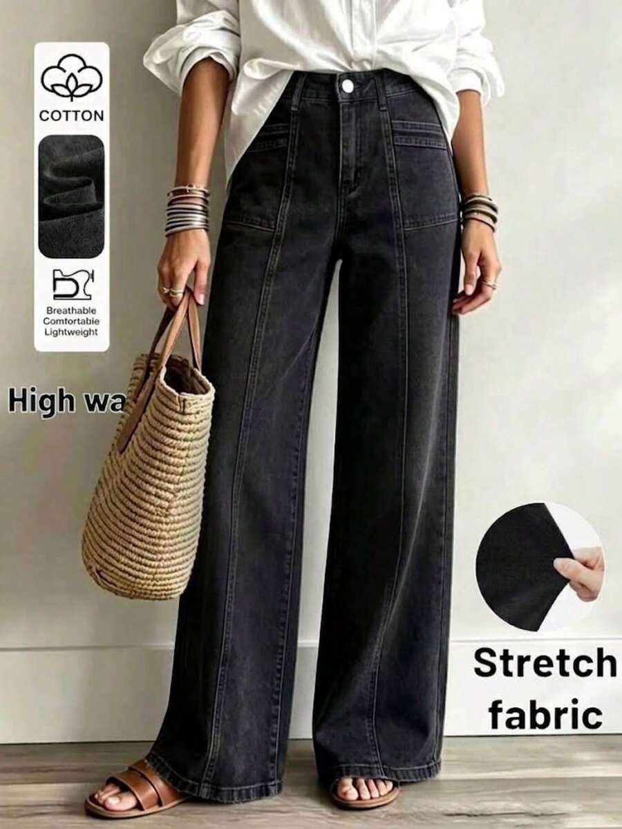 New Fashion Women Loose Fit Elastic Waist Wide Leg Jeans, High Quality Casual Clothing Spring Black Fall - Black - View 1