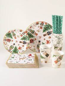 120PCS Christmas Disposable Paper Tableware Set, Includes 7-Inch And 9-Inch Plates, Paper Cups, Napkins And Straws; Featuring Watercolor Style Nutcracker Soldier, Christmas Tree, Gift, Candy Cane And Bow Patterns, Suitable For Christmas Party, Holiday Dinner, Winter Celebration And Holiday Table Decor - Multi-color 1 - View 6