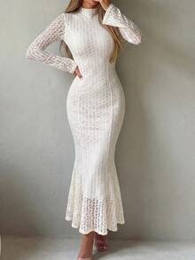 Unadoll Women Fall Winter Cream Lace Mermaid Midi Dress Mock Neck Flare Long Sleeve Bodycon Party Dress For Dating Cocktail Gathering - White - View 10
