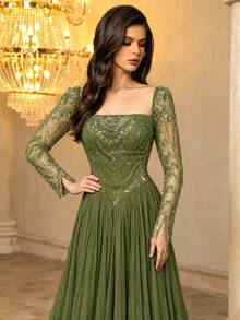 UNITHORSE[Random Cut]Square Neck Waist-Cinching Long Sleeve Sequin Patchwork Faux Evening Gown Dress - Olive Green - View 3