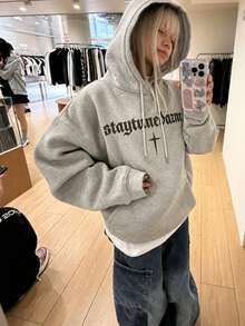 Women's Autumn/Winter Loose Casual Versatile Retro Letter & Cross Print Hooded Sweatshirt - Light Gray - View 4