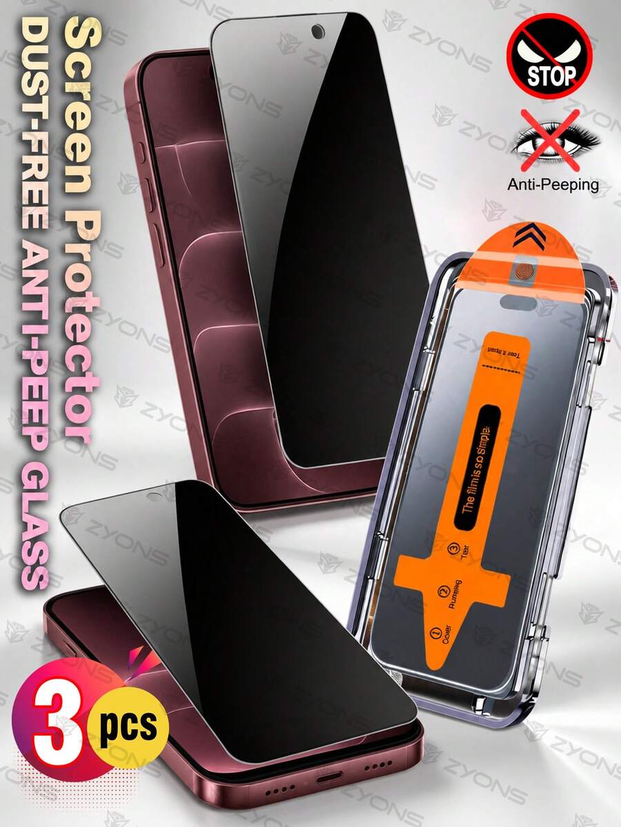 ZYONS 3pcs High Definition Transparent Tempered Glass Screen Protector, Includes Installation Kit And Auto-Alignment Tool, Compatible With IPhone 18 Pro Max/18 Pro/Duo/17 Pro Max/16/15/14/13/12/11 All Series, Full Coverage, Anti-Fingerprint, Anti-Drop, Anti-Scratch, 9H Hardness Shatter-Resistant Tempered Glass Film - Black - View 1
