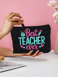 The Best Teacher Letter Design Ever, Apple Pencil Pattern Striped Zipper Makeup Bag, Travel Toiletry Bag, Large Capacity Storage Bag, Coin Purse, Suitable For Easter, Teacher's Day, Birthday, Gift For Sisters, Christmas - Multicolor - View 9