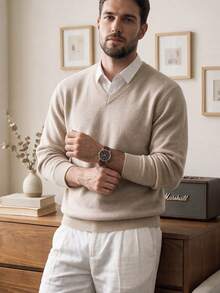 Men's V-Neck Solid Color Thick Knitted Sweater, Straight Fit, Autumn/Winter - Apricot - View 2